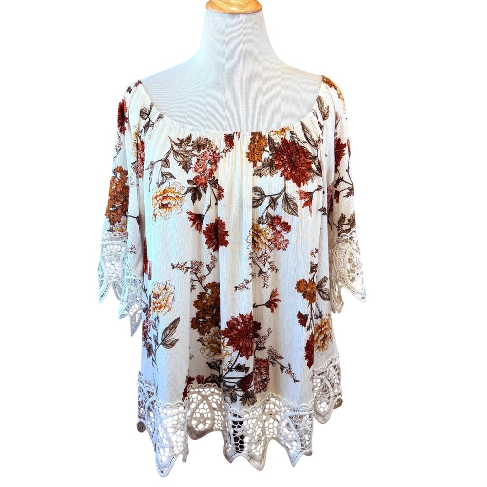 Love J Women 3X Fall Floral Boho Crochet Lace Trim Blouse